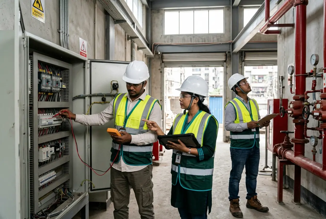 Engineers testing installed systems