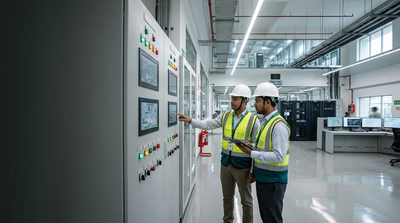 Engineers reviewing fire safety and building systems on site