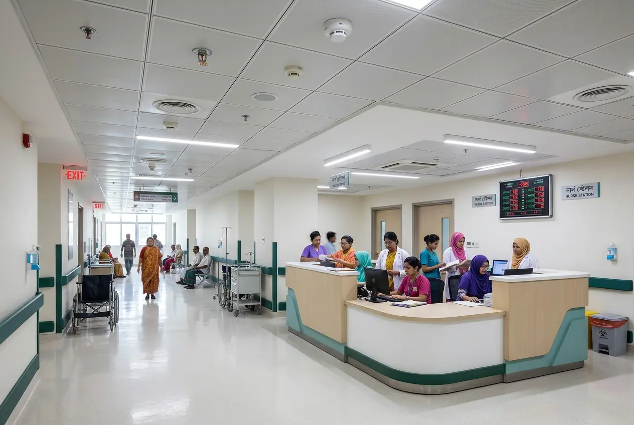 Hospital building with fire and automation systems